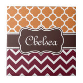 Oranje Lattice Maroon Chevron Pattern Naam bruin Tegeltje (Voorkant)