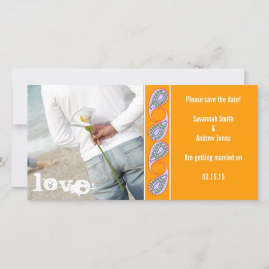 Oranje & Lavender Paisley Sparen de Datum Save The Date (Voorkant)