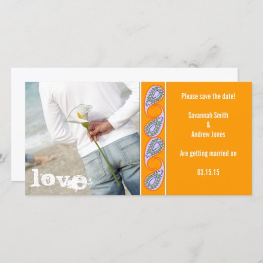 Oranje & Lavender Paisley Sparen de Datum Save The Date (Voorkant / Achterkant)