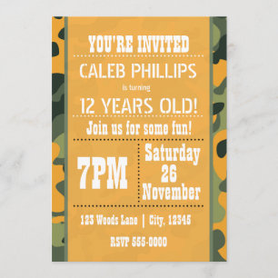 Oranje Leger Camouflage Birthday Party - Uitnodigi Kaart