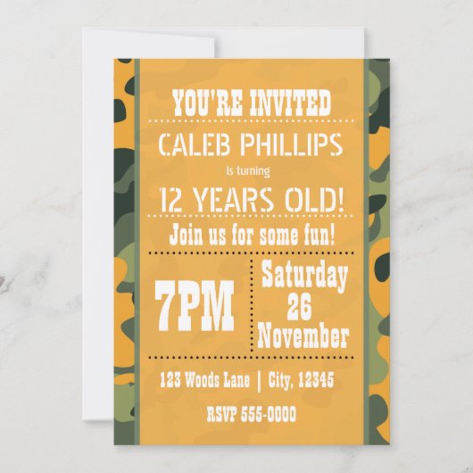 Oranje leger camouflage verjaardagsfeestje uitnodi kaart (Voorkant)