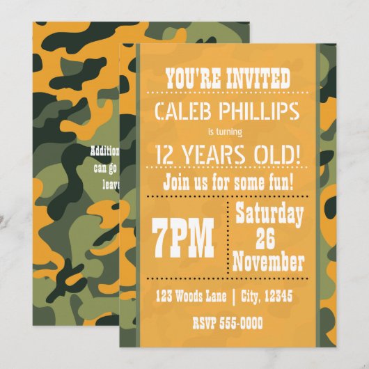 Oranje leger camouflage verjaardagsfeestje uitnodi kaart (Voorkant / Achterkant)