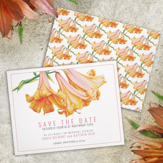 Oranje lelie bloemenkunst bruiloft save the date
