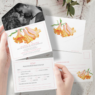 Oranje lelie botanische kunst bruiloft RSVP-opties All In One Uitnodiging
