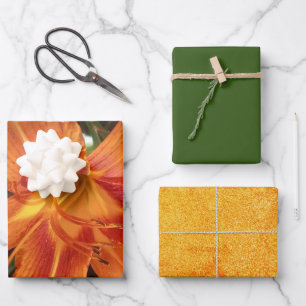 Oranje leliebloem foto met effen groene glitters inpakpapier vel