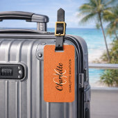 Oranje leren monogram naam bagagelabel