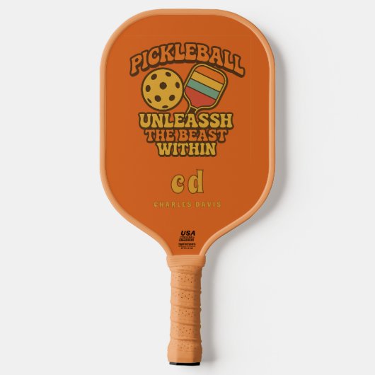 Oranje leuke citaat retro monogram pickleball paddle (Achterkant)