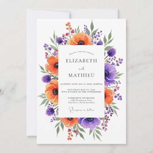 Oranje Levendige Botanische Bruiloft Kaart (Voorkant)