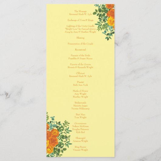 Oranje lichtgele pony- en Roos-weddenschapsprogram Menu (Achterkant)