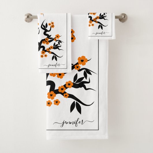 Oranje liefdesvogels, torenbloesems en grens bad handdoek (Insitu)