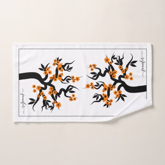 Oranje liefdesvogels, torenbloesems en grens bad handdoek (Handdoek)