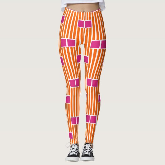 Oranje lijnen en roze dozen leggings (Voorkant)