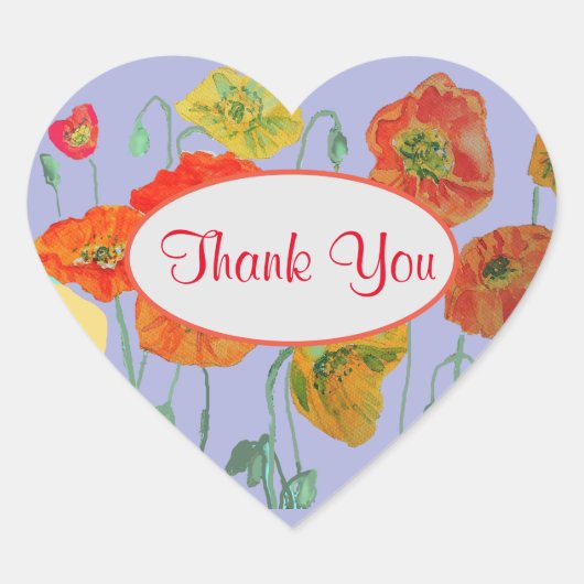 Oranje Lila Shabby Poppy Poppies Bedankt Hart Sticker (Voorkant)