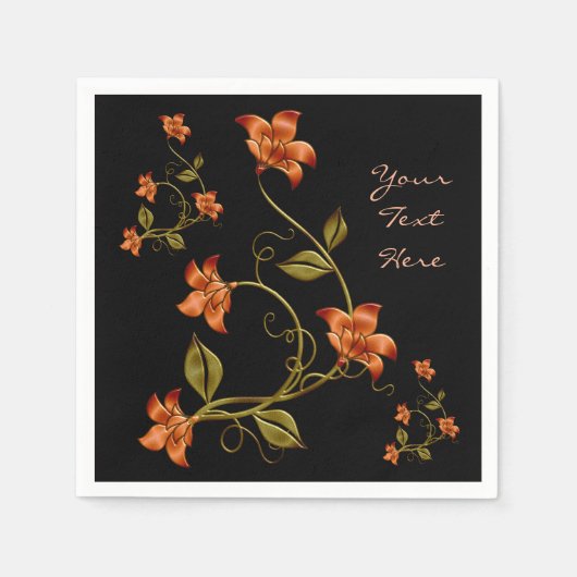 Oranje Lillies Floral Pattern Black Napkins Servetten (Voorkant)