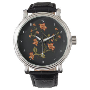 Oranje Lillies Floral Pattern Black Wrist Watch Horloge