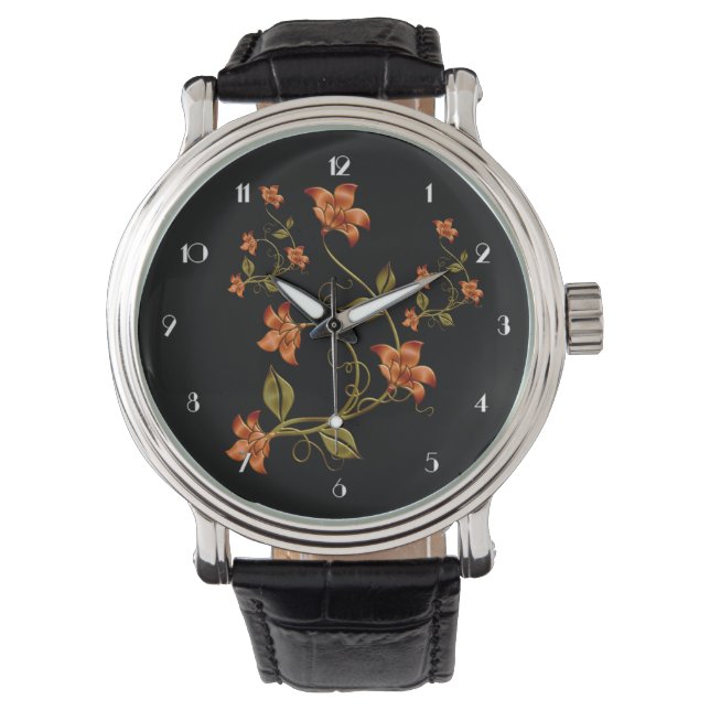 Oranje Lillies Floral Pattern Black Wrist Watch Horloge (Voorkant)