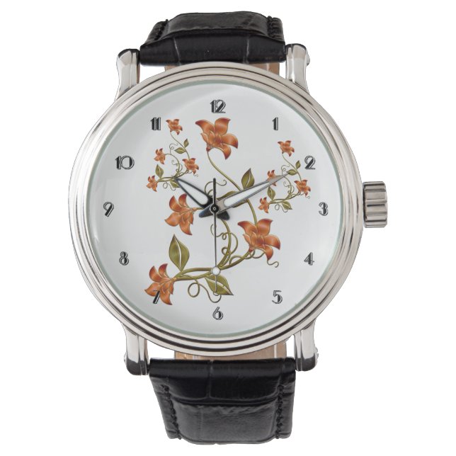 Oranje Lillies Floral Pattern Horloge (Voorkant)