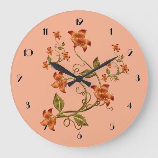 Oranje Lillies Floral Pattern Peach Wall Clock Grote Klok (Voorkant)