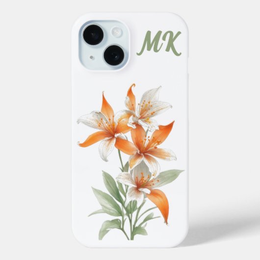 Oranje Lily Flowers Monogram Telefoon Case (Achterkant)