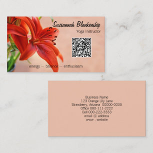 Oranje Lily Foto Aangepaste QR Code Yoga Instructe Visitekaartje