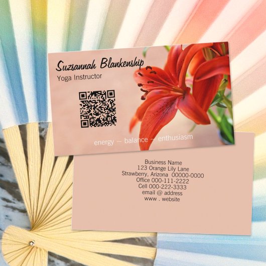 Oranje Lily Foto Aangepaste QR Code Yoga Instructe Visitekaartje
