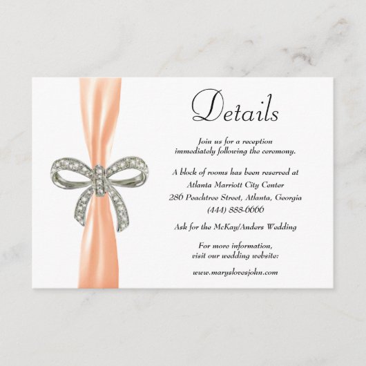 Oranje lint diamanten boog bruiloft details informatiekaartje (Voorkant)