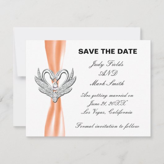 Oranje lint zilveren zwanen Save The Date kaart (Voorkant)