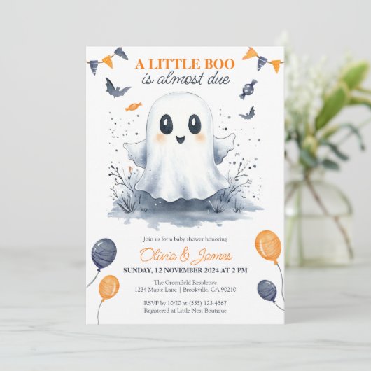 Oranje Little Boo Waterverf Halloween Baby shower Kaart (Staand voorkant)