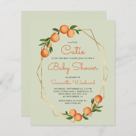 Oranje Little Cutie Green Baby shower Invitation (Voorkant / Achterkant)