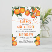Oranje Little Cuties Joint Sibling Birthday Party Kaart (Staand voorkant)