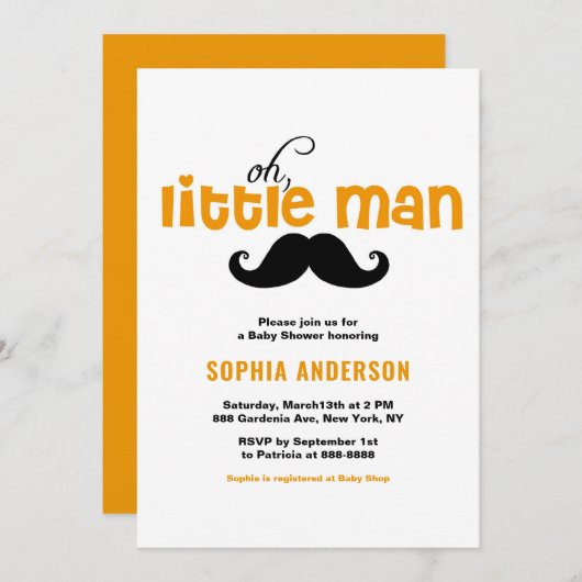 Oranje Little Man Mustache Baby shower Invitation Kaart (Voorkant / Achterkant)
