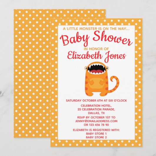Oranje Little Monster Baby shower Invitation Kaart (Voorkant / Achterkant)