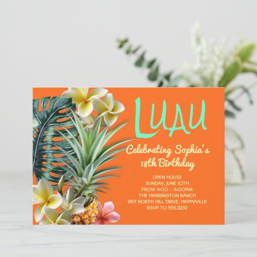 Oranje Luau Verjaardag Custom Party Uitnodigingen (Staand voorkant)