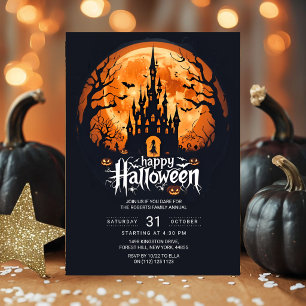 Oranje Maan Geheime Kasteel Halloween Feest Uitnod Kaart