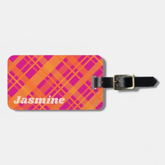 Oranje magenta plaid patroon aangepaste naam bagagelabel (Voorkant horizontaal)