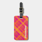 Oranje magenta plaid patroon aangepaste naam bagagelabel (Voorkant verticaal)