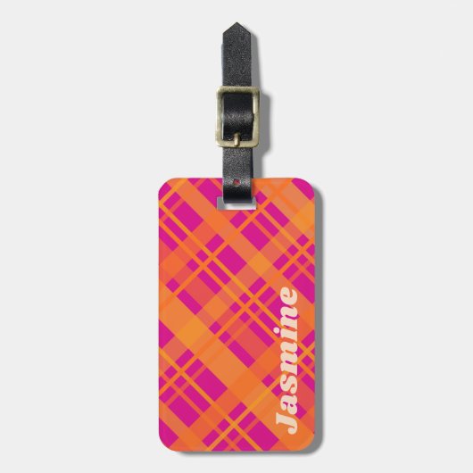 Oranje magenta plaid patroon aangepaste naam bagagelabel (Voorkant verticaal)