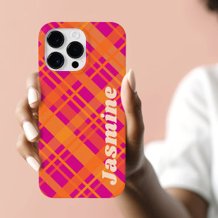 Oranje magenta plaid patroon aangepaste naam Case-Mate iPhone case