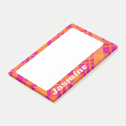 Oranje magenta plaid patroon aangepaste naam post-it® notes (Schuin)