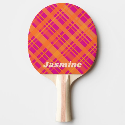 Oranje magenta plaid patroon aangepaste naam tafeltennisbatje (Voorkant)