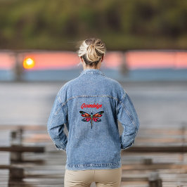 Oranje Magenta Roze en Turquoise Dragonfly Naam Denim Jacket