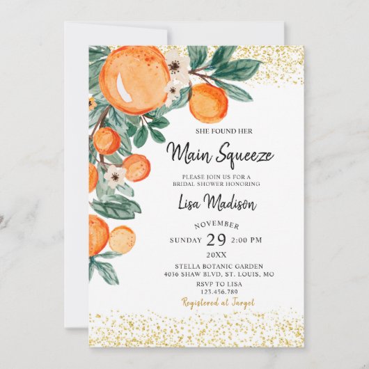 Oranje main squeeze Bruids douche uitnodiging (Voorkant)
