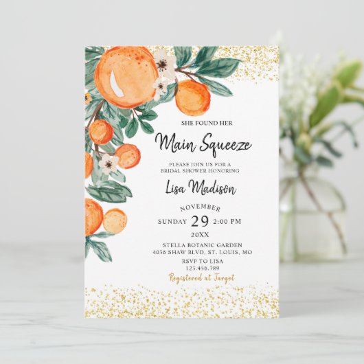 Oranje main squeeze Bruids douche uitnodiging (Staand voorkant)