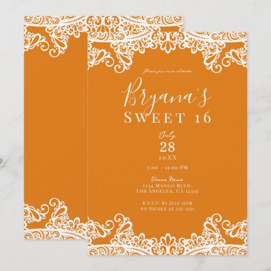 Oranje Mango White Lace Elegant Sweet 16 Party Kaart (Voorkant / Achterkant)