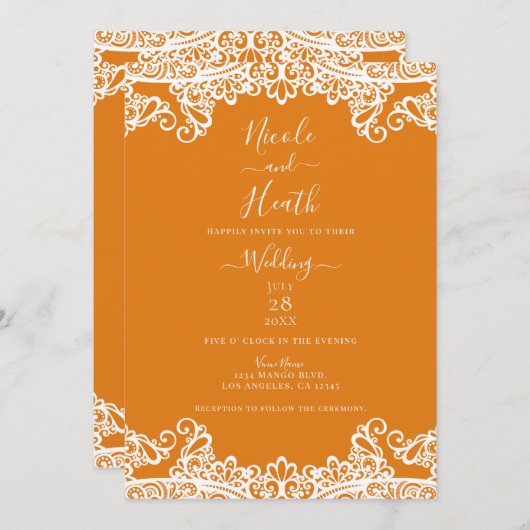 Oranje Mango & White Lace Elegant Wedding Kaart (Voorkant / Achterkant)