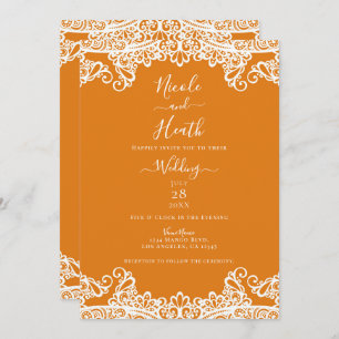 Oranje Mango & White Lace Elegant Wedding Kaart
