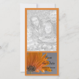 Oranje margriet op grijze trouwkaart 'Save the Dat Save The Date