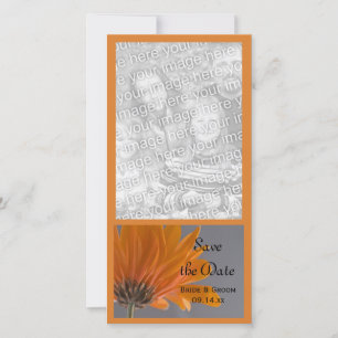 Oranje margriet op grijze trouwkaart 'Save the Dat Save The Date