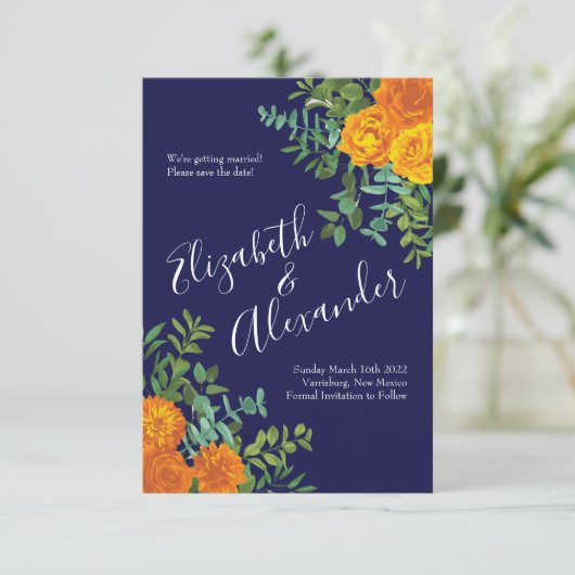 Oranje Marine Blauwe Pioen Roos Bruiloft Opslaan D Kaart (Staand voorkant)