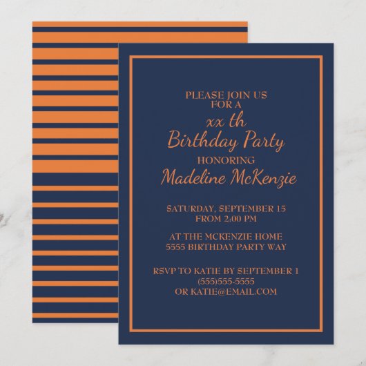 Oranje marine Blue Striped Birthday Party Invite Kaart (Voorkant / Achterkant)